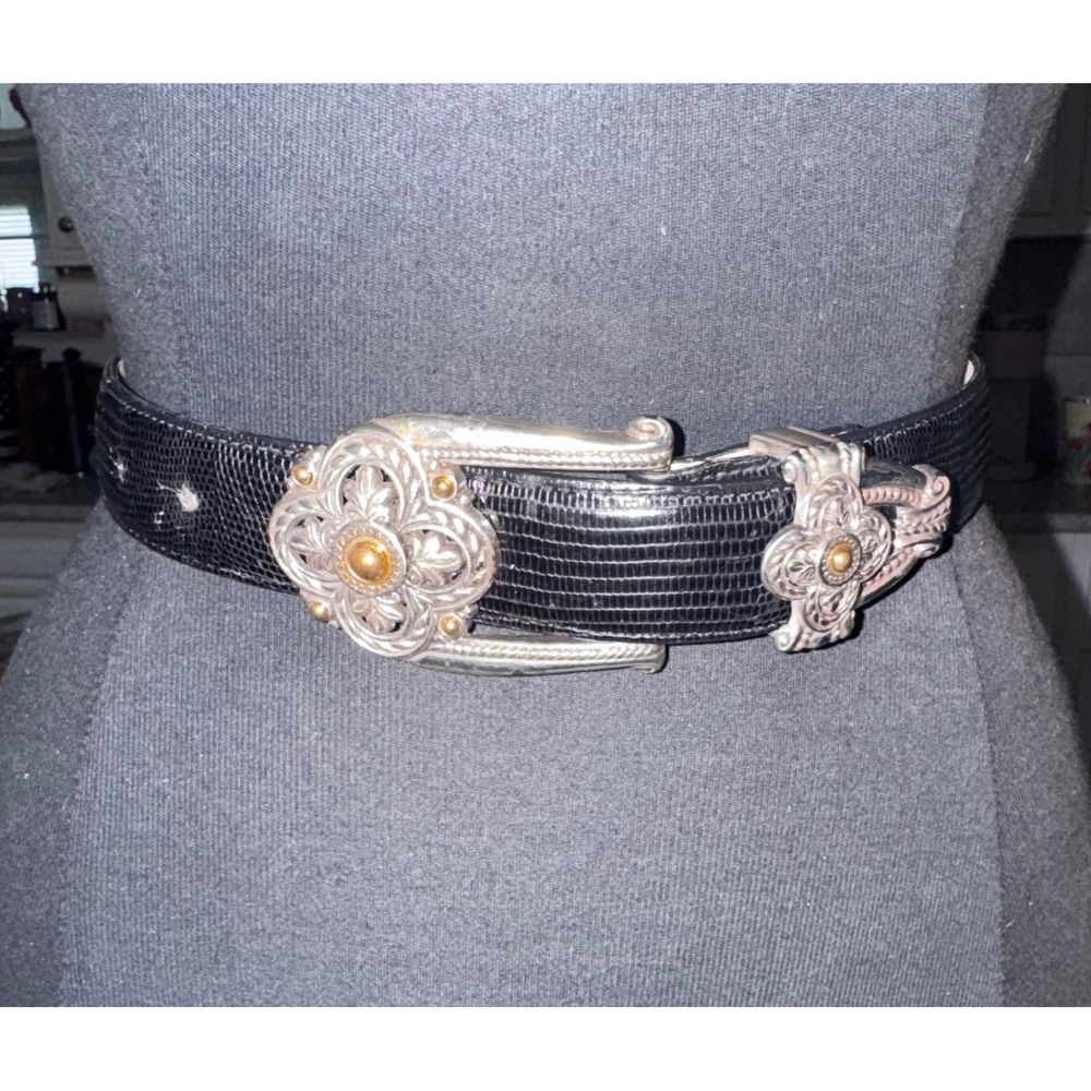 Vintage Brighton Black Embossed Leather Belt Silver Plated Buckle Women's XS 26